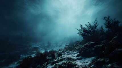 Fototapeta premium Ethereal underwater scene with sunlight rays illuminating a rocky seabed and sparse marine vegetation