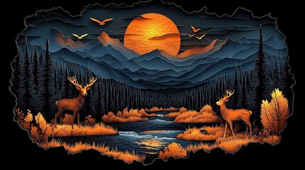 3D Wallpaper of Dark Blue and Gold Forest with Deer, Mountains and River
