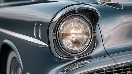Nostalgic close up view of shiny blue vintage automobile headlight. Classic car detail showcases retro chrome styling and reflection of sky on polished metal