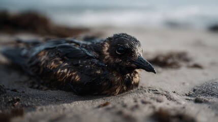 Oil covered bird struggling on a sandy beach symbolizing environmental pollution and the urgent need for wildlife rescue