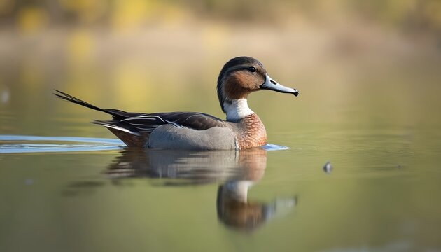 Male northern pintail duck swims on calm pond water. Bird has grey body brown head white neck. Tail feathers are long black. Spring nature scene with soft light.