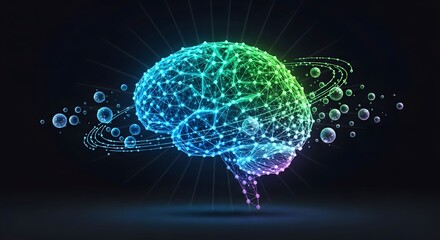 Obraz premium Glowing brain with connected dots and surrounding bubbles on a dark background illustration art