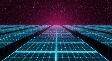 Futuristic solar panels under a starry sky, glowing with blue energy.