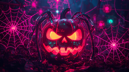 Cyberpunk Halloween Pumpkin. AI generation