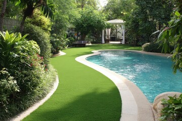 Vibrant Synthetic Lawn Installed Alongside Walkway and Pool Area for a Beautiful Outdoor Space