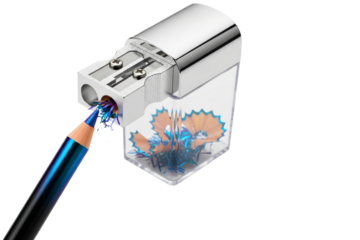 Metal pencil sharpener sharpening a blue cosmetic pencil on a transparent background