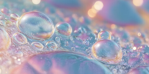 Fototapeta premium A close-up of iridescent water droplets creating a colorful, dreamy background full of soft reflections.