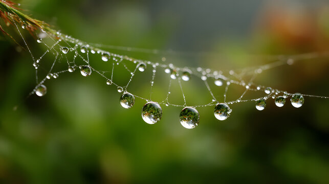 Dew-covered spider web with water droplets reflecting the surrounding nature