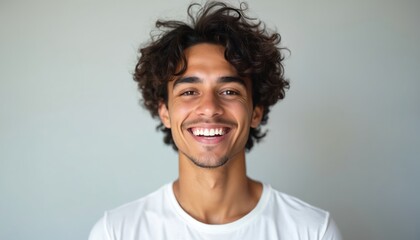 Young man smiles broadly with curly dark hair. Wears white t-shirt. Cheerful expression conveys joy, positive emotions. Studio portrait of happy person shows healthy teeth, confident, friendly gaze,