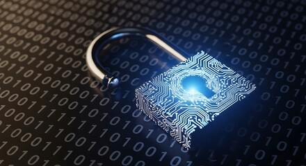 Open padlock with glowing circuit board pattern on binary code background security