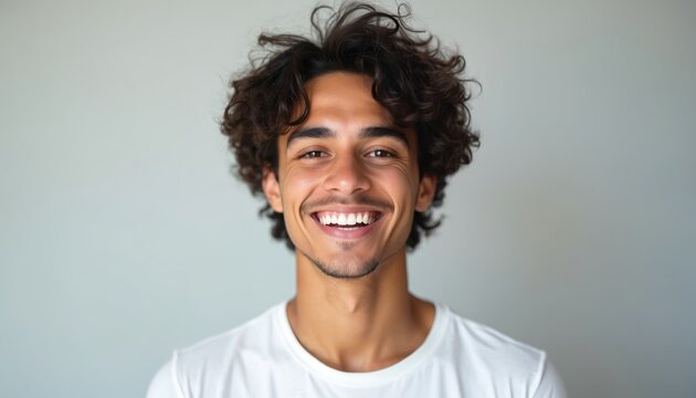 Young man smiles broadly with curly dark hair. Wears white t-shirt. Cheerful expression conveys joy, positive emotions. Studio portrait of happy person shows healthy teeth, confident, friendly gaze,