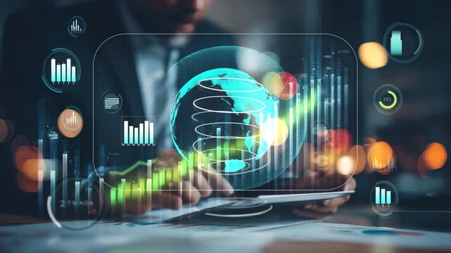 Businessman analyzing digital financial data on tablet with bar chart visualization - Powered by Adobe