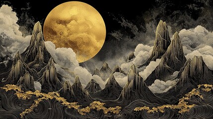 Abstract line art of mountains and golden moon, Chinese style vector illustration for luxury wall decoration 

