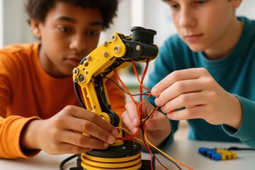Future Engineers. Two diverse young boys focused on building and wiring a robotic arm together. A concept of STEM education, teamwork, and hands-on learning.