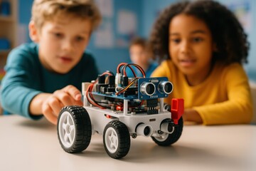 Young Minds in Tech. Two curious and diverse children, a boy and a girl, explore a programmable robot car in a classroom. A concept of STEM education and early learning.