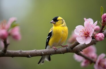 American goldfinch bird perched on blooming tree branch. The vibrant yellow bird features black wings and cap. Pink blossoms surround bird in spring. Nature photo for articles.