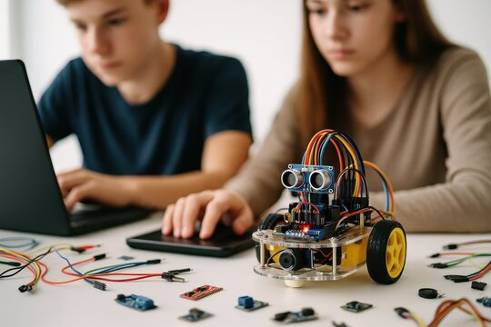 Young Innovators at Work.  Two focused teens collaborate on a robotics project, programming a homemade robot car. STEM education and hands-on learning in action.
