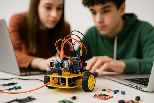 Young Innovators at Work.  Two focused teens collaborate on a robotics project, programming a homemade robot car. STEM education and hands-on learning in action. - Powered by Adobe