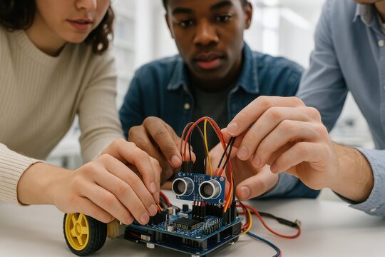 Diverse students collaborate on a robotics project, wiring a circuit board together. A concept of teamwork and STEM education. - Powered by Adobe