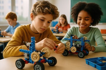 Young Engineers at Work. Diverse students in a school classroom building mechanical models together. A boy and a girl collaborate on their fun, hands-on STEM project.