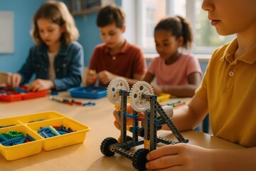 Creative Construction Class. Diverse children build mechanical models in a classroom. A fun, hands-on STEM project promoting creativity and engineering skills.