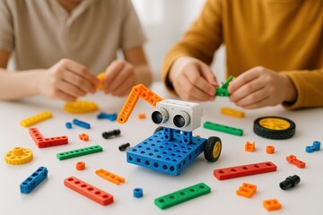 Creative STEM Play. Children building a colorful robot with a construction kit. STEM education, creativity, and hands-on learning through play.