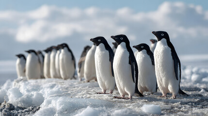Fototapeta premium Adelie penguins standing together on a snowy, icy landscape under a bright sky