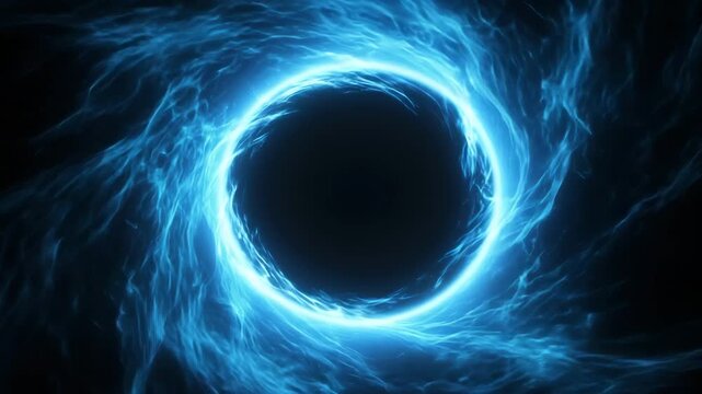 Abstract glowing blue portal or wormhole in dark space, futuristic digital art with swirling energy 4k video