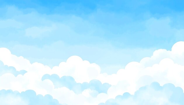 A tranquil, serene depiction of a daytime sky filled with fluffy, white clouds against a gradient of vibrant, azure blue. The clouds vary in density