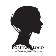 Head of Beautiful Woman as Robot Logo Symbol in Black on the White Background Futuristic Design