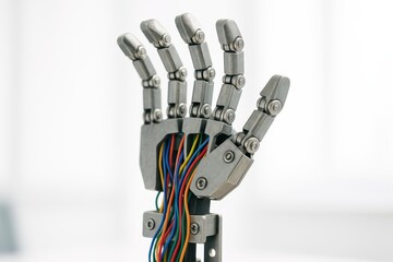Naklejka premium Advanced Robotic Hand. Detailed view of an advanced robotic hand or prosthetic limb, showcasing intricate mechanical fingers and colorful exposed wiring. Bionics concept.