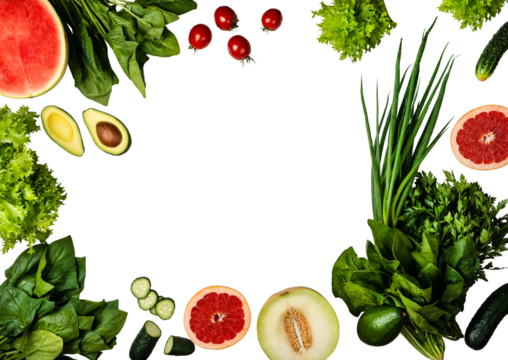 Healthy lifestyle concept: An assortment of colorful produce including watermelon, avocado, greens, cucumbers and grapefruit, meticulously arranged on a transparent background.Fresh from the garden