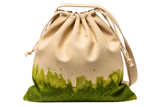 Eco-friendly canvas drawstring bag with a green bottom accent on a transparent background