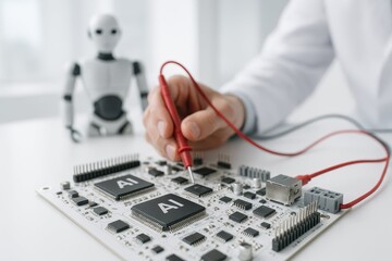 AI Development Lab. An engineer tests an AI chip on a circuit board with a humanoid robot in the background. A concept of robotics and artificial intelligence research.