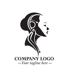 Head of Beautiful Woman as Robot Logo Symbol in Black on the White Background Futuristic Design