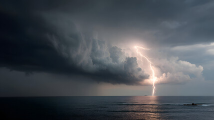Spectacular lightning strike over the ocean during a dramatic thunderstorm