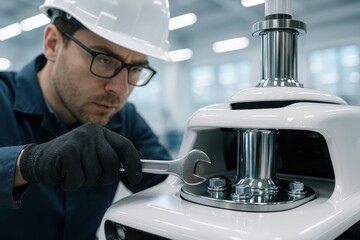 Industrial Robot Maintenance.  A skilled engineer in a hard hat uses a wrench to perform maintenance on a modern industrial robot in a factory setting.