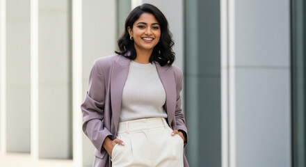 Fototapeta premium Confident Indian Businesswoman Smiling in Urban Professional Attire