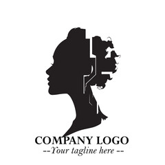 Head of Beautiful Woman as Robot Logo Symbol in Black on the White Background Futuristic Design