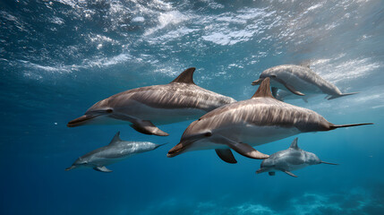 Fototapeta premium Dolphins swimming underwater in the ocean with sunlight shining through the water