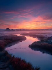 Fototapeta premium Vibrant sunrise paints the sky with pink and orange hues over a serene misty river with reed lined banks