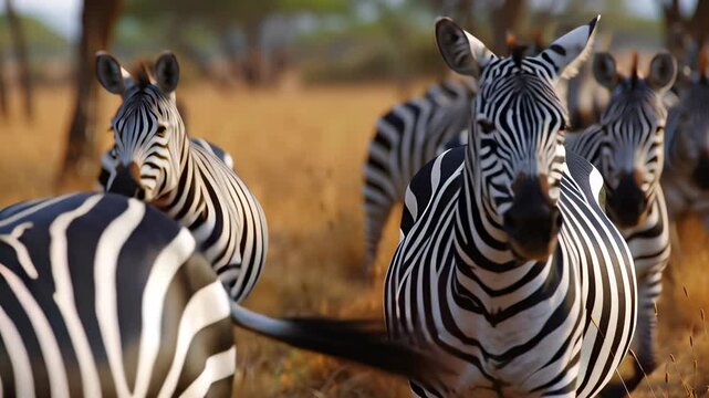 A group of zebras standing in a field. The zebras are all facing the camera and appear to be looking at the viewer. The scene is peaceful and serene, with the zebras standing in a natural setting