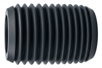 Black rubber accordion bellows tube with flexible ribbed design on a transparent background