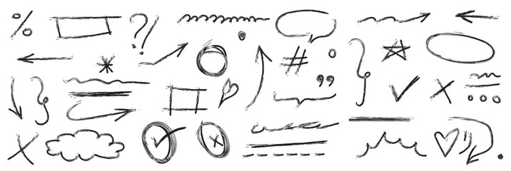 Hand Drawn Doodle Elements. Vector collection of scribble arrows, checkmarks, highlights, and sketch symbols for annotation.