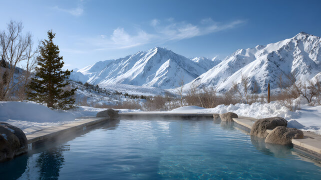 Relaxing outdoor hot spring with snow-capped mountains in the background