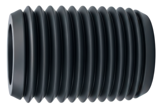 Black rubber accordion bellows tube with flexible ribbed design on a transparent background