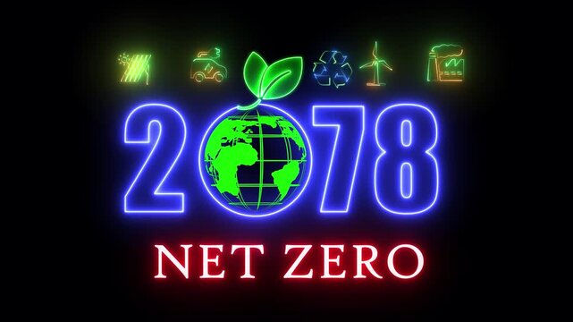 Neon Net Zero 2078 Deadline Goal Animation: Digital Green Leaves and Futuristic Signage on Black Background for Climate Sustainability and Corporate Strategy.