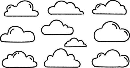 Collection of nine cartoon clouds isolated on white background