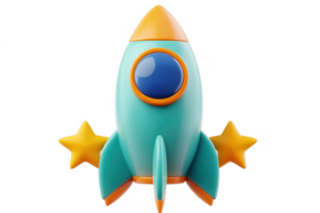 Teal rocket with orange accents and yellow stars isolated on a transparent background