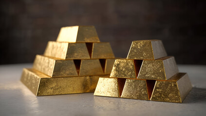 A close-up view of shiny gold bars stacked elegantly, symbolizing wealth and luxury in finance.